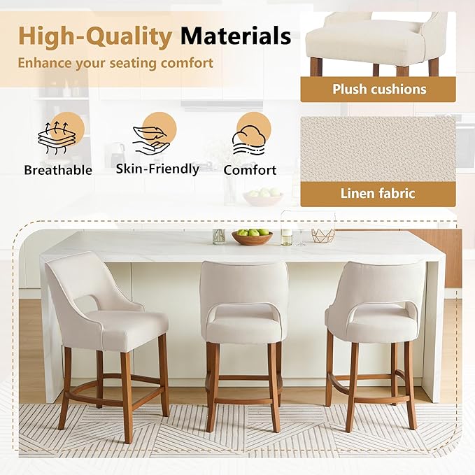 ClinQ Bar Stools Set of 2, 26" H Counter Height Bar Stools with Backs, Modern Upholstered Accent Barstools with Curved Footrest for Kitchen Island, Dining Room and Bar, Beige-Walnut Legs
