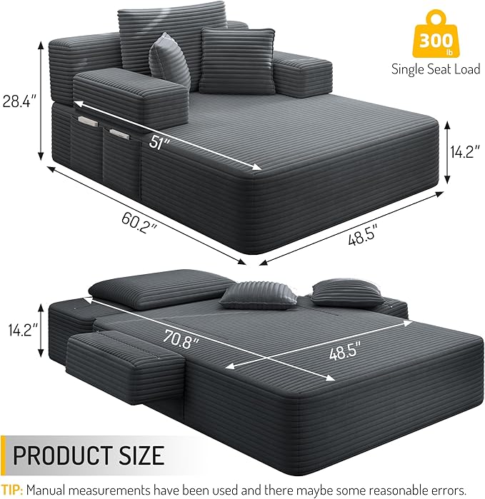 48.5" Oversized Chaise Lounge Chair Indoor, 3-in-1 Convertible Sleeper Sofa Bed, Plush Corduroy Boneless Chaise with 3 Pillows & Side Pockets, Adjustable Back/Armrest for Living Room - Dark Grey