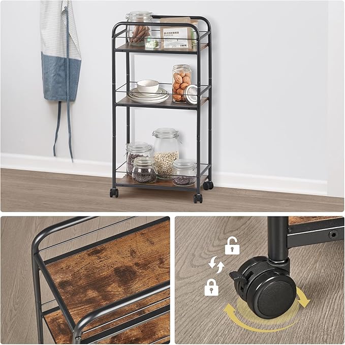 Small Bar Cart for Small Spaces, 3-Tier Slim Rolling Kitchen Cart on Wheels, Narrow Cart with Protective Fence, Industrial Mini Coffee Station for Home,Living Room,Bathroom, Rustic Brown