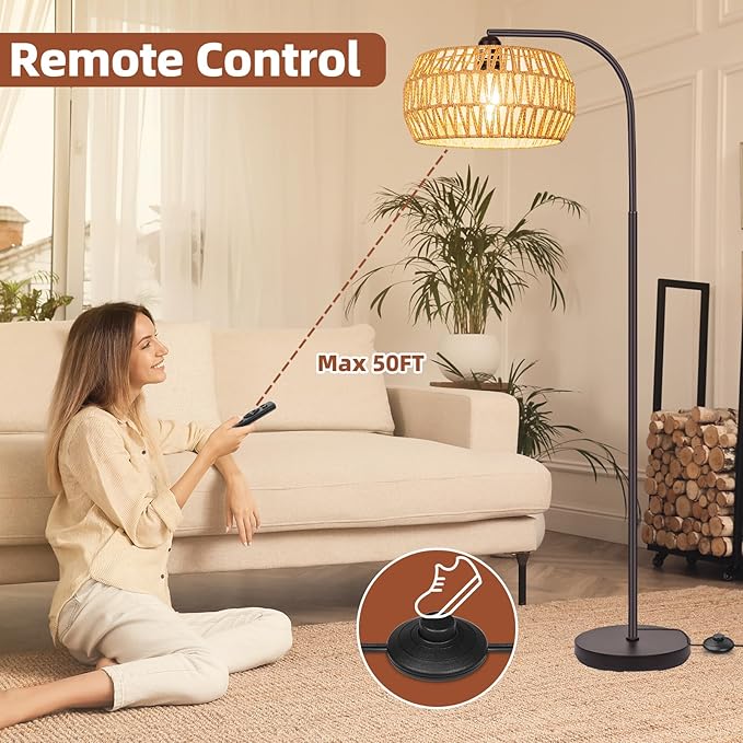 Rattan Standing Lamp with Remote and Dimmable Bulb, Bronze Arch Floor Lamp, Over Couch Lamp with Foot Switch, Brown Boho Lamp for Living Room, Bedroom, Office, Classroom