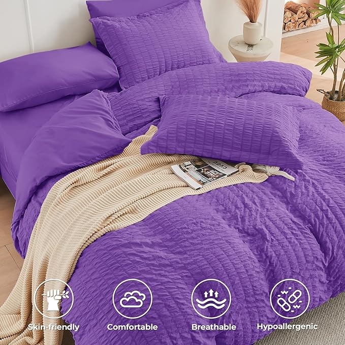 HYMOKEGE Dark Purple Full Size Comforter Sets Seersucker 7 Pieces, All Season Luxury Bed in a Bag for Bedroom, Bedding Set with Comforter, Sheets, Pillowcases & Shams