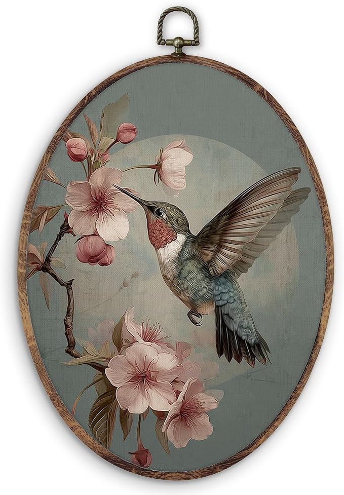 DILSJ Vintage Floral Bird Oval Wall Art Decor, Rustic Cottage Core Decor Canvas Wall Art Framed, Antique Hummingbird Bird Lover Gifts Hanging Decorations for Home Bedroom Living Room, 8x11 Inch