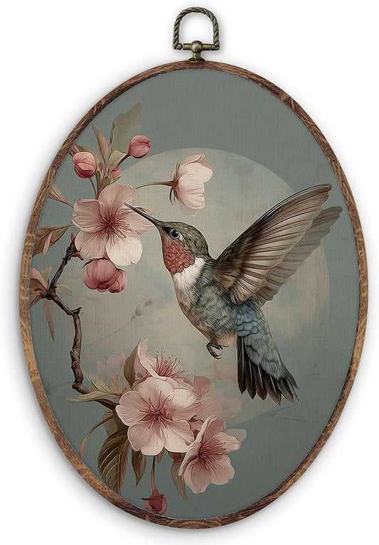 DILSJ Vintage Floral Bird Oval Wall Art Decor, Rustic Cottage Core Decor Canvas Wall Art Framed, Antique Hummingbird Bird Lover Gifts Hanging Decorations for Home Bedroom Living Room, 8x11 Inch