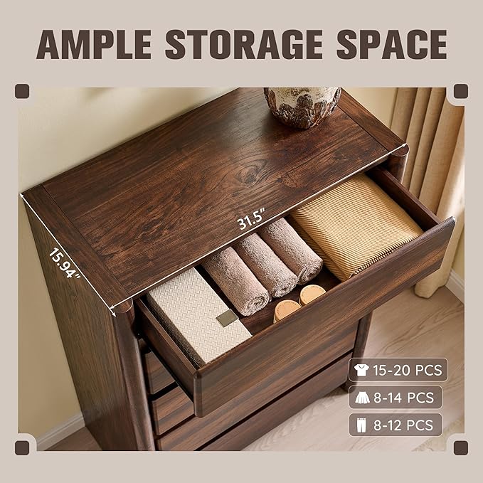 Modern 5 Drawers Dresser for Bedroom, 43" Tall Dresser & Chests of Drawers w/Rounded Corner, Wood Handleless Dresser w/Large Storage & Natural Texture for Bedroom, Living Room-Brown
