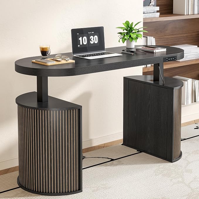 Mid Century Modern Electric Standing Desk with Storage, 55 x 22 Inch Small Sit Stand Up Desk, Wood Adjustable Height Computer Executive Desk for Home Office, Laptop, Black