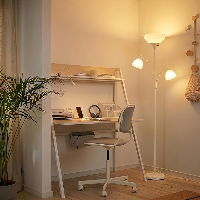 Brightech Sky Dome Double – High Brightness Torchiere Floor Lamp with 2 Reading Lights for Living Rooms, Bedrooms – Replace Halogen Standing Lamps with Efficient LED Office Lighting - Tall White Pole