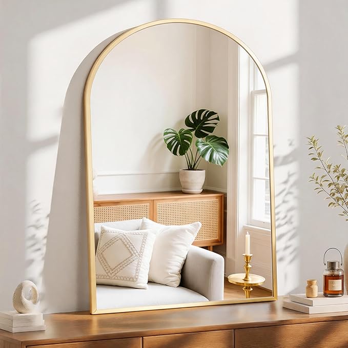NEWBULIG 38X30 Inch Arched Bathroom Mirror for Wall, Vanity Bathroom Mirrors for Over Sink Tempered Glass, Anti-Rust Arched Metal Framed, Hangs Horizontally or Vertically, Farmhouse Home Decor, Gold
