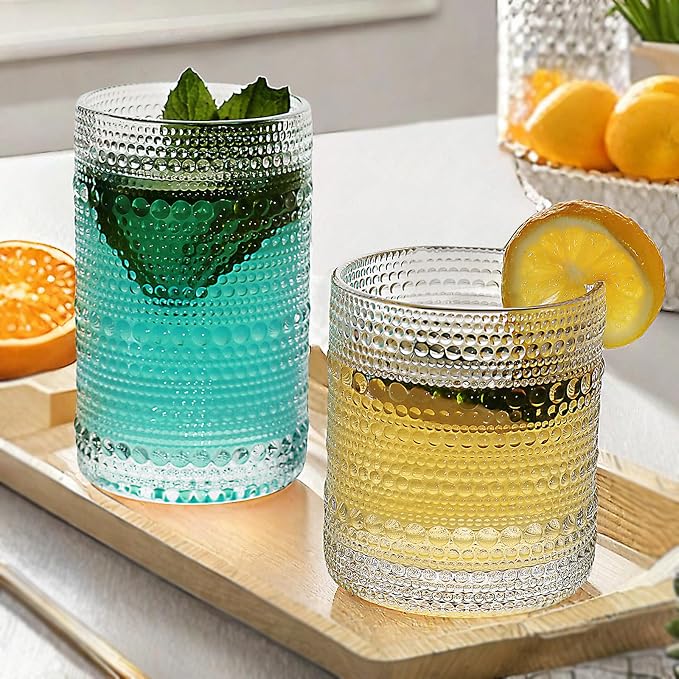 Vintage Hobnail Driinking Glasses Set, Glassware Drinking Set of 8, 12 oz Highball Glasses & 10 oz Cocktail Glasses, Tumbler Glasses for Cocktails, Whiskey, Juice, Milk, Clear