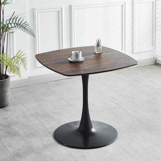 31.5 Inch Square Dining Table for 2 to 4 Person Mid Century Modern Tulip Table with Metal Pedestal Base Thick MDF Top for Apartment Kitchen Bistro Office, Dark Walnut and Black