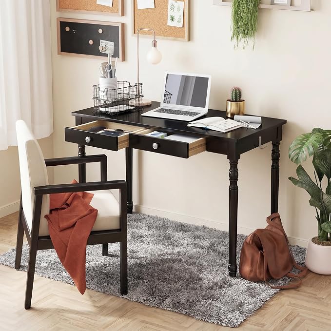 Mid Century Modern Desk, 47" Black Solid Wood Desk with 2 Drawers, Boho Writing Desk Computer Table for Home, Office, Bedroom, Living Room