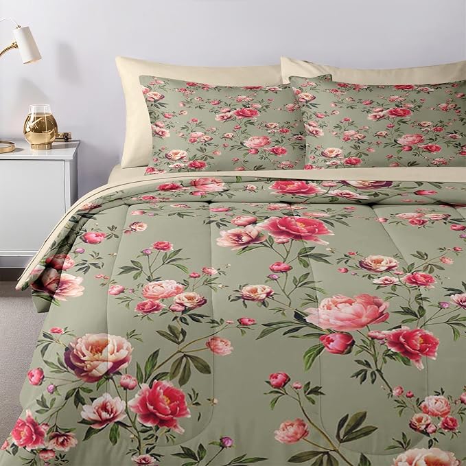 Nesker 7 Pcs Comforter Set Full Size, Vintage Floral Beige Bedding Set for Kids and Adults, Rose Flower Pink Bed Sheet Sets with Fitted Sheet 2 Pillowcases & 2 Shams
