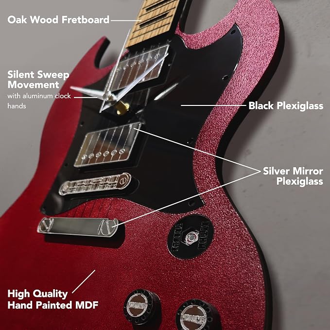 goodtime SG Style Guitar Wall Clock, 18 Inch Red Decor | Silent Sweep Movement, Oak Fretboard | Unique Gift for Men, Guitar Lovers, Musicians, and Man Cave