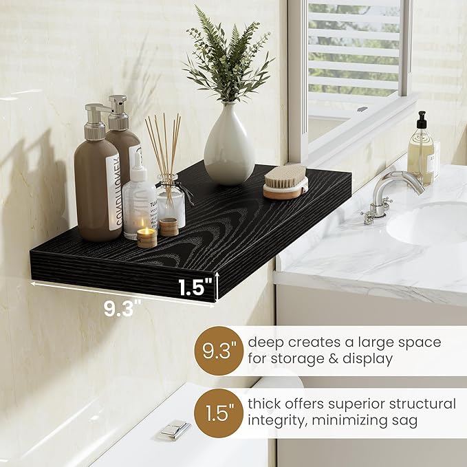 Fun Memories 55 Inch Floating Shelves in Black, 9.3 Inch Deep Floating Shelf for Bathroom Living Room Kitchen, Rusitc Wall Mounted Bathroom Shelves 1 Pack, Heavy-Duty Deep Shelf for Books Decor