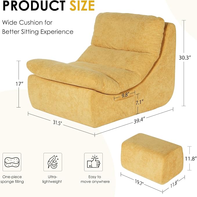 SDHYL Chaise Longue Chair with Ottoman - No Assembly Lazy Sofa Floor Couch for Relaxing, TV & Gaming, Comfy Reading Chair with 2-Layer Foam, Removable Soft Cover & Side Pockets