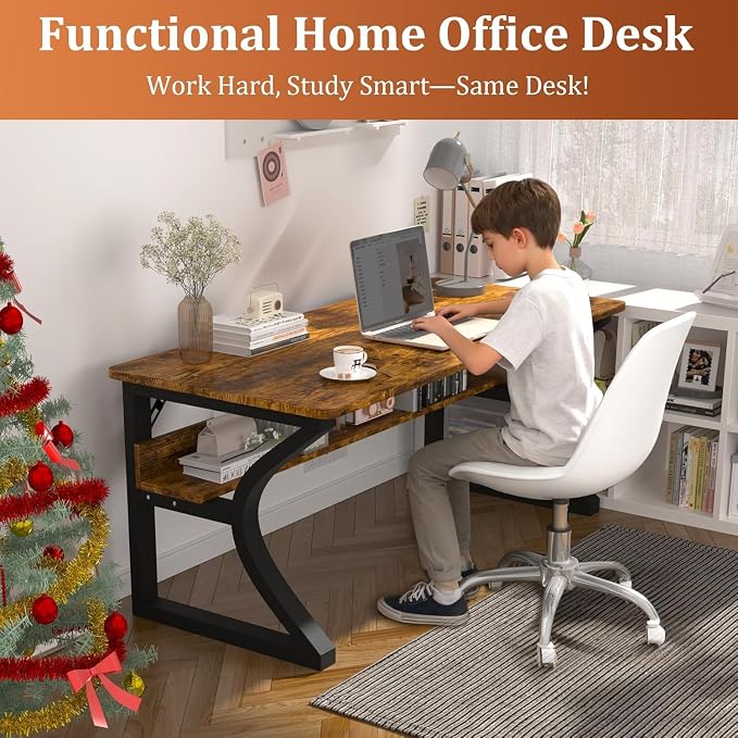 55 X 23.6'' Computer Desk, Home Office Desks w/Shelf Storage, Computer Desk w/Metal Frame, Cable Management, Study Student Desk Writing Work Table Deeper & Thicker Desktop for Home Bedroom