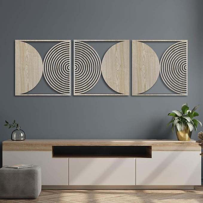 Geometric Mid Century Modern Decor, Rustic Boho Wood Wall Art, Large Wood Wall Decor Over the Bed, Circular Wall Panels for Living Room