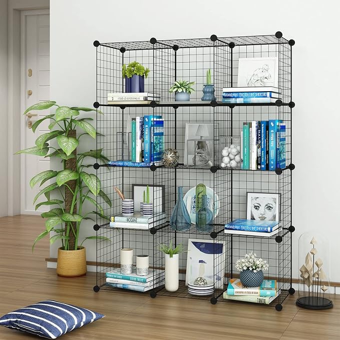 Wire Storage Cubes, Metal Storage Shelves Bookshelf, Stackable Modular Closet Organizer for Bedroom Living Room, Office, Black (12 Cubes, Iron)