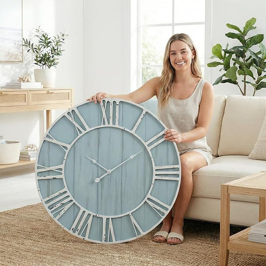 Large Farmhouse Wall Clock 30 Inch Vintage Blue Wooden Wall Clock with Quiet Ticking and Minimalist Roman Numerals for Bedroom Living Room Office Kitchen Home Decor, Battery Operated