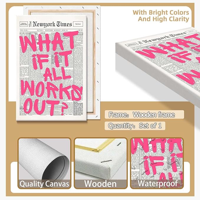 Drimiler Retro Newspaper Pink Font Poster What If It All Works Out Canvas Wall Art Positive Affirming Quote Minimalist Prints Painting For Home Bedroom Dorm Wall Decor 16x24in Wframed