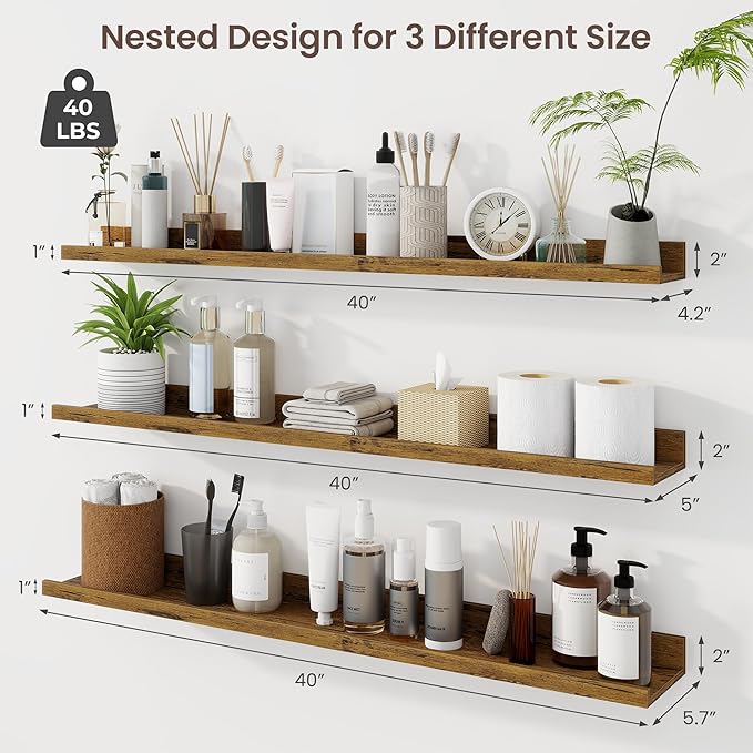 Axeman 40 Inch Floating Shelves | Brown Picture Ledge Shelf Set of 3 | Rustic Brown Wood Wall Shelves with Lip | 40" Picture Shelf for Wall with Ledge | Photo Shelves