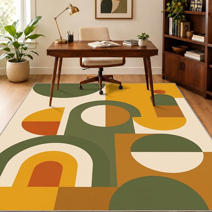 Mid Century Area Rug 3x4, Home Decor | Olive Mustard Bauhaus Circle, Retro Geometric Rug for Living Room, Bedroom, Home Office, Non Slip, Washable, Low Pile