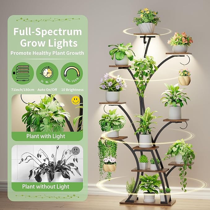 Plant Stand Indoor with Grow Lights - Lighted Plant Shelf Indoor, 64" Tall Corner Plant Stands for Indoor Growing, 10 Tier Flower Display Shelf, Large Tree-Shaped Holder for Home, Living Room, Black