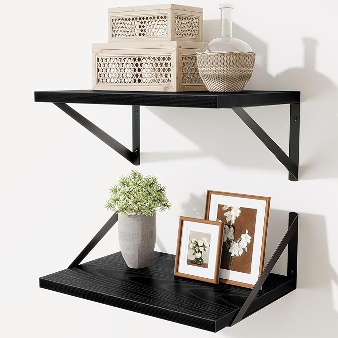 Deep Floating Shelves,16" Wx10 D Floating Shelves for Wall Set of 2,Heavy Duty Wood Floating Shelf with Metal Bracket,Wall Mounted Hanging Shelf for Living Room Bedroom Bathroom Kitchen,Black