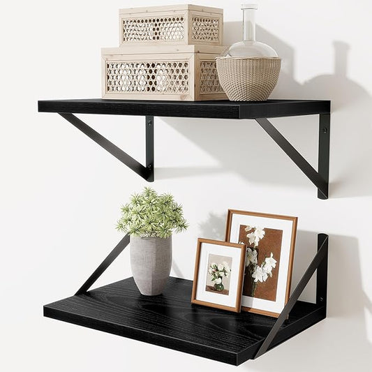 Deep Floating Shelves,16" Wx10 D Floating Shelves for Wall Set of 2,Heavy Duty Wood Floating Shelf with Metal Bracket,Wall Mounted Hanging Shelf for Living Room Bedroom Bathroom Kitchen,Black
