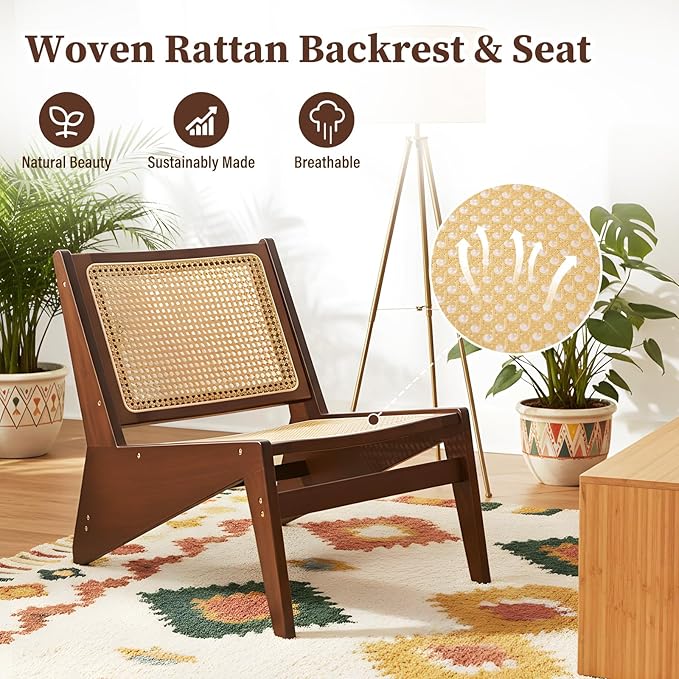 Furlide Rattan Chair 2Pcs, Mid-Century Accent Chair, Rattan Lounge Chair for Living Room, Boho Side Corner Comfy Chair for Bedroom and Balcony, Walnut
