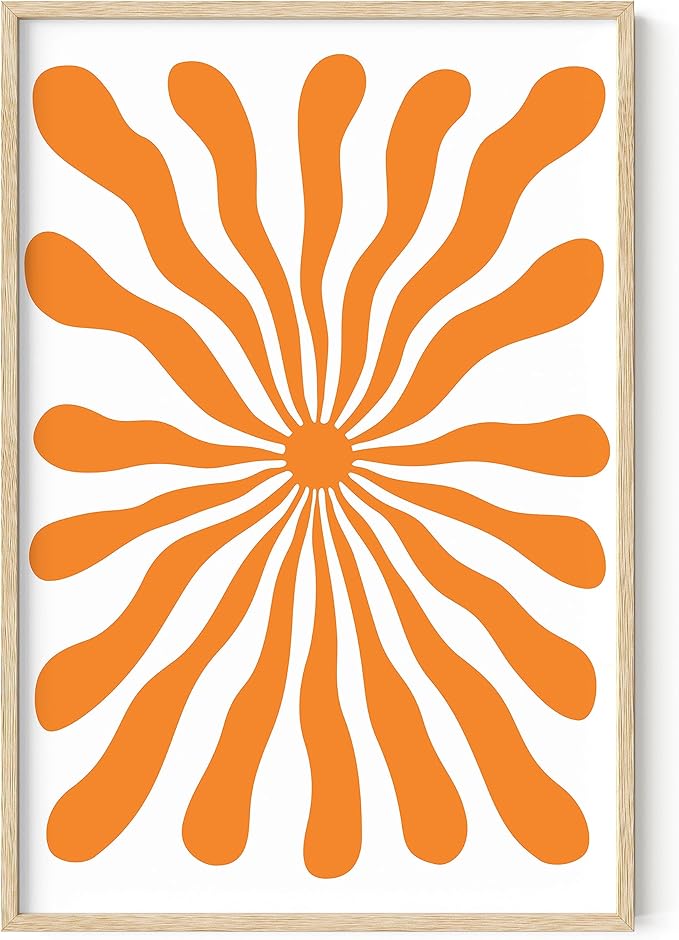 HAUS AND HUES Abstract Orange Wall Art - Sun Decor, Bright Orange Wall Art for Sunset Vibe (Beige Frame, 24x36)
