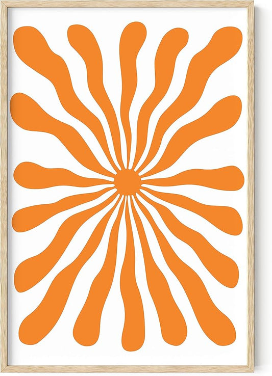 HAUS AND HUES Abstract Orange Wall Art - Sun Decor, Bright Orange Wall Art for Sunset Vibe (Beige Frame, 24x36)