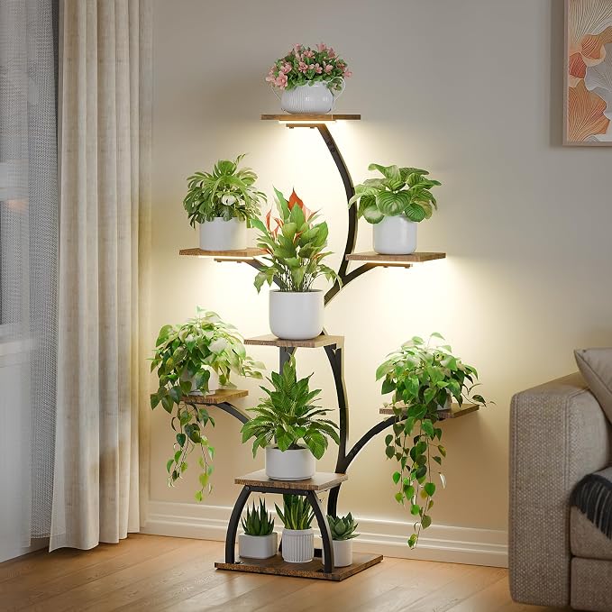 CODACE Plant Stand Indoor with Grow Lights, 6 Tiered Plant Shelf Indoor, 50" Corner Plant Stands for Indoor Plants, Lighted Tree-Shaped Plant Holder, Tall Flower Display Rack for Living Room