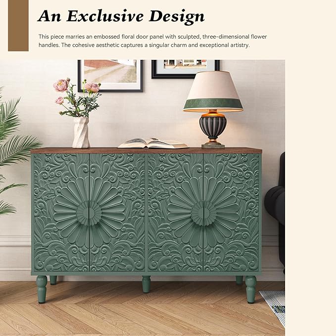 Accent Cabinet with 4 Vintage Carved Flower Pattern Doors, 47" Sideboard Buffet Cabinet with Storage, Decorative Cabinet Wood Credenza for Living Room, Hallway, Green