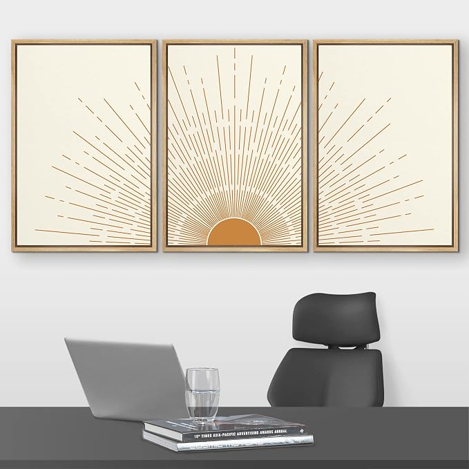 wall26 Framed Canvas Print Wall Art Set Boho Mid-Century Orange Minimal Shining Sun Galaxy Nature Abstract Illustrations Modern Bohemian Decorative for Living Room, Bedroom, Office - 24"x36"x3 Natural