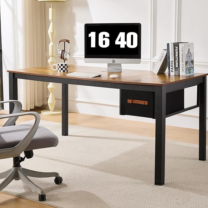 Computer Desk with Drawer, 63 Inch Large Home Office Work Desks, Modern Writing Study PC Desk Gaming Table for Bedroom Home, Stable Thick Metal Legs Frame Support （Rustic Brown）