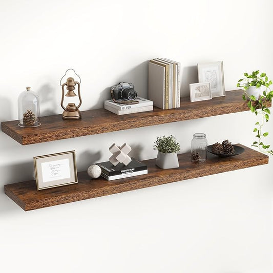48 Inch Floating Shelves, 8 Inch Deep Floating Shelves for Wall, Hanging Shelf with Invisible Brackets, Deep Shelves for Bathroom, Bedroom, Living Room, Brown, Set of 2