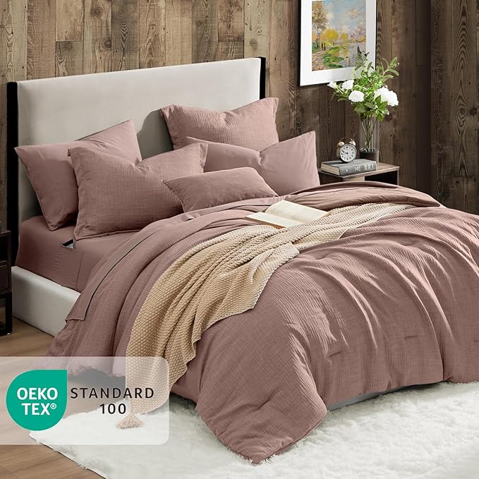 Geniospin Full Comforter Set - 7 Pieces Comforter Full Size, Solid Bedding Sets for All Season, Textured Bed in a Bag with Sheets, Pillowcases and Shams (Misty Rose, 80''x90'')
