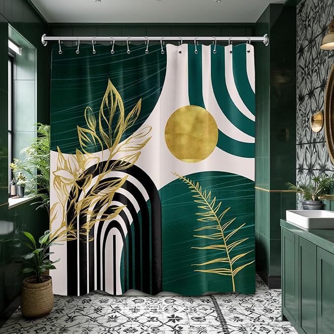 Dark Green Shower Curtain Boho Mid Century Modern Emerald Hunter Green and Gold Shower Curtains for Bathroom Decor, Waterproof Cloth Fabric with Hooks, 70" W x 72" L