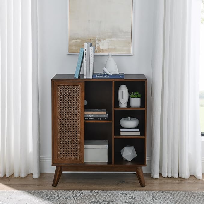 LKTART Mid Century Modern Storage Cabinet with Rattan Sliding Doors and Open Shelves, Boho Style Wooden Sideboard Buffet for Living Room,Dark Walnut