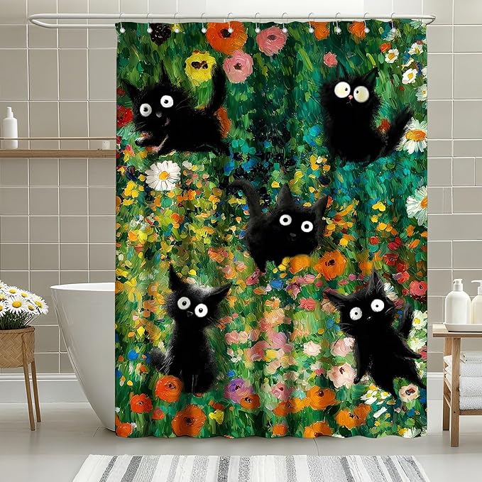 Funny Cats Shower Curtain Boho Vintage Flowers Shower Curtains for Bathroom Waterproof Fabric Bath Curtain Decor with Hooks