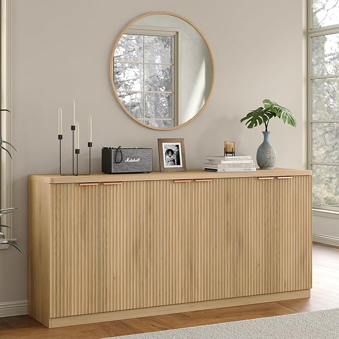70" Large Buffet Sideboard Cabinet, Fluted Cabinet 6 Doors, Buffet Table Coffee Bar Wine Bar Storage Cabinet for Dining Room, Living Room