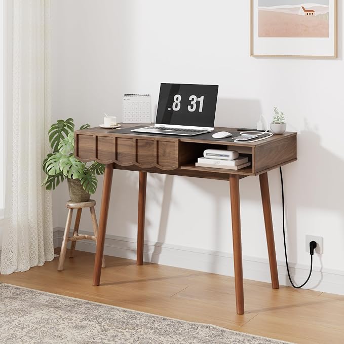 Mid-Century Modern Small Desk, 43" Walnut Writing Desk Computer Laptop Wooden Desks with Open Shelves & Drawer, Elegant Vanity Table Compact Home Office Desk for Study Bedroom Living Room