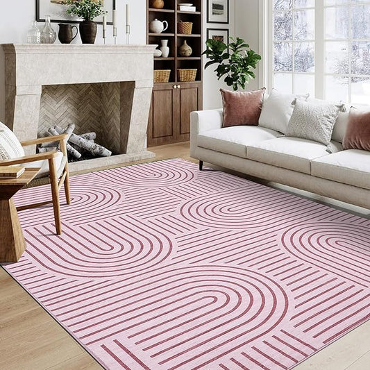 Washable 8x10 Pink Area Rug Modern Abstract Carpet Non Shedding Living Room Area Rug Soft Bedroom Rugs Stain Resistant Boho Rainbow Large Carpet for Girl Room Nursery Dining Room, Pink