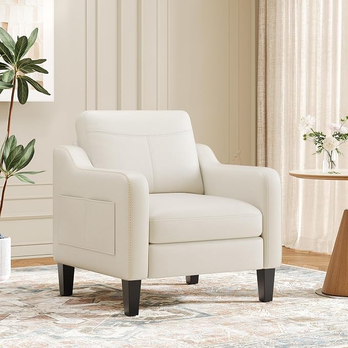 MALOL PU Leather Accent Chair, Mid-Century Modern Living Room Armchair Sofa with Removable Cushions, Solid Wood Frame & Stitched Armrest Design, Bedroom Chair with Plastic Legs, Beige