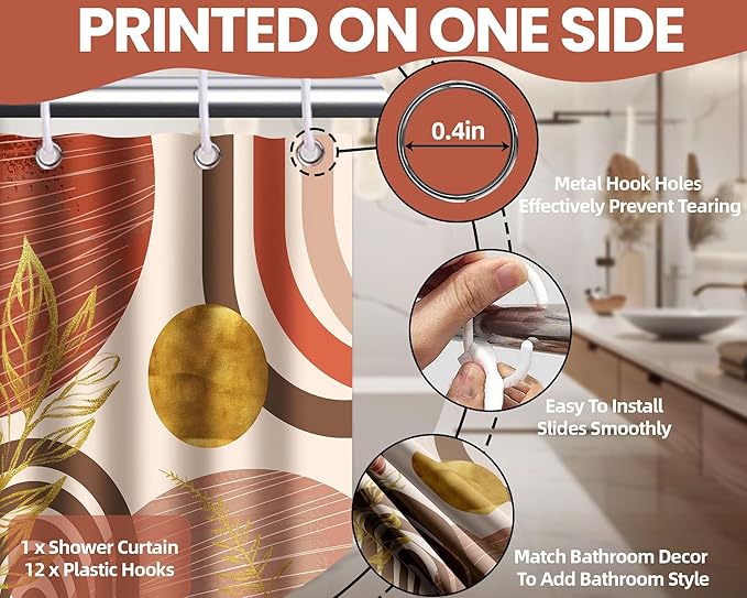 Boho Mid Century Modern Shower Curtain Bohemian MCM Shower Curtains for Bathroom Decor Sets, Waterproof Fabric with Hooks 70x96in