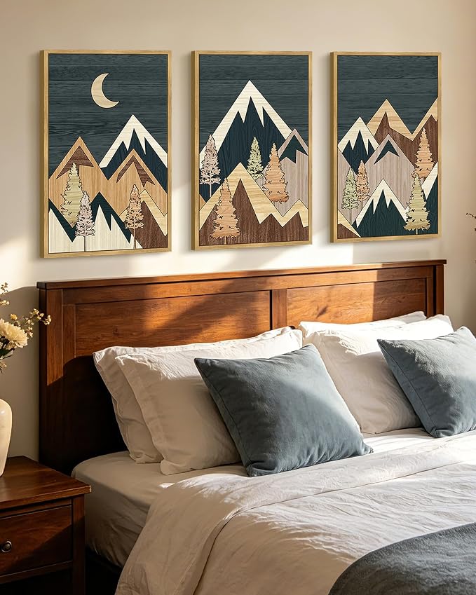 KUVIOKE Morden Mountains Framed Wall Art Boho Pine Tree Forest Nature Landscape Artwork Bohemain Farmhouse Rustic Bedroom Decor 16x24in (Natural Framed)