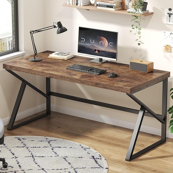 HSH Rustic Computer Desk, Large Executive Writing Study Work Desk for Home Office, Industrial Metal Wooden PC Laptop Long Desk Workstation, Modern Bedroom Living Room Table, Rustic Brown, 60 Inch