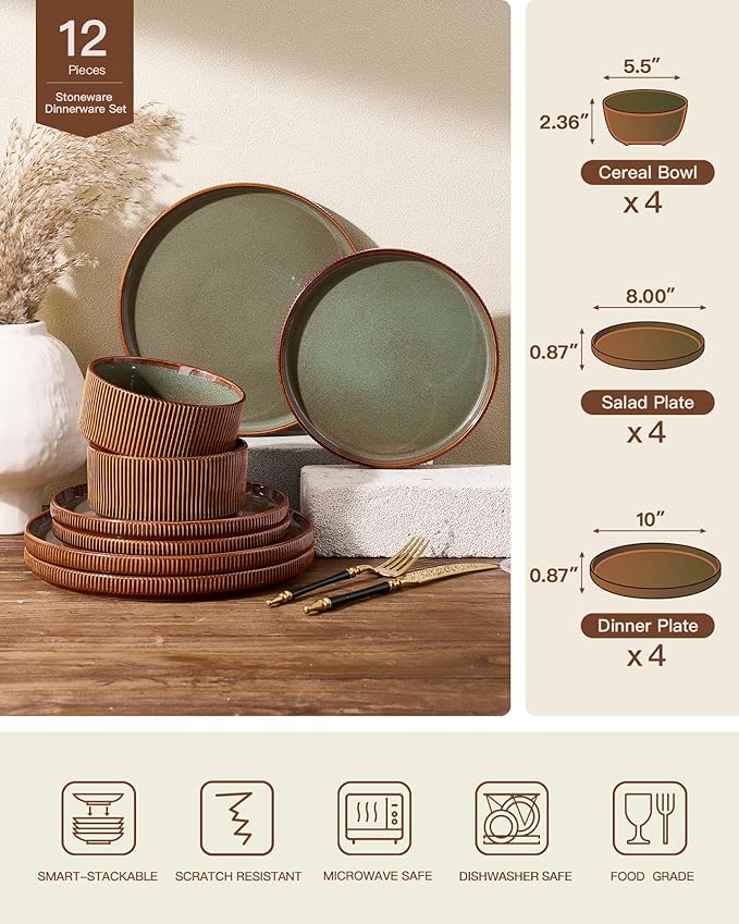 Stoneware Dinnerware Sets, Handcrafted Double Reactive Glaze Plates and Bowls for Everyday & Formal Dining, Microwave & Dishwasher Safe, Scratch Resistant Dishes Service for 4 (12-Piece), Moss Cocoa