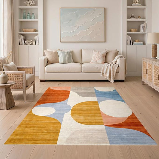 Flatwoven High Traffic Area Rug 5x7, Mid Century Modern Abstract with Fluid Lines and Symmetrical Ovals, Non Slip, Stain Resistant, Washable Area Rugs for Living Room, Bedroom (Orange, 5x7)