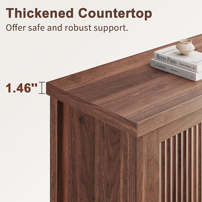Memobarco Fluted Buffet Cabinet with Storage Accent Sideboard,Modern Credenza with 4 Doors & Adjustable Shelves,Wood Coffee Bar Table Console for Dining Room Kitchen Living Room Entryway, Walnut